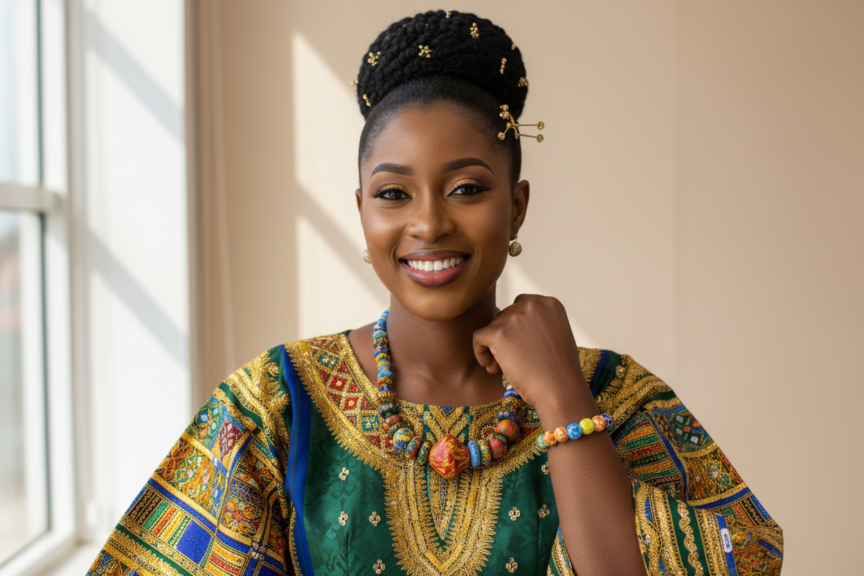 Different woman wearing Accra Sunset Krobo jewelry set with African attire