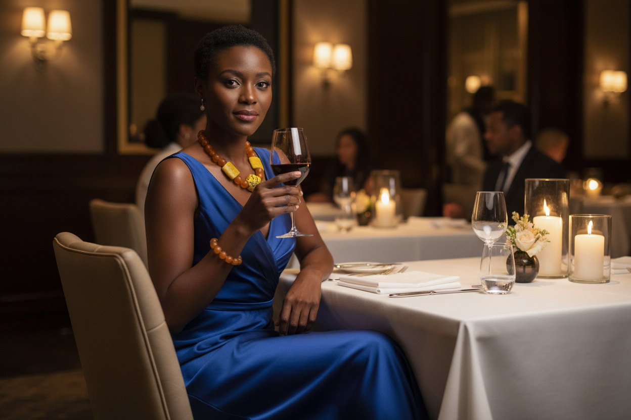 Medium-toned woman wearing jewellery set in upscale restaurant