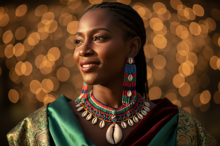 Handcrafted beaded necklaces, being selected in a market