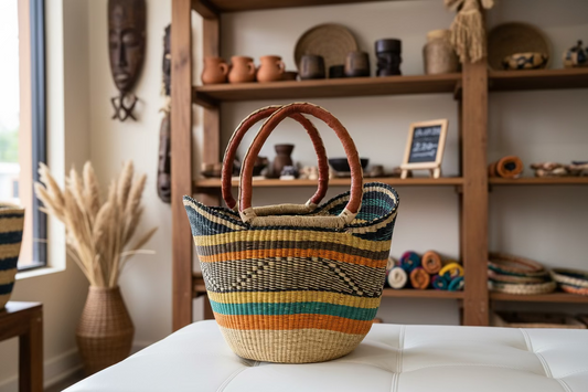 Woven basket with striped pattern on a white surface with a colorful abstract painting in the background.