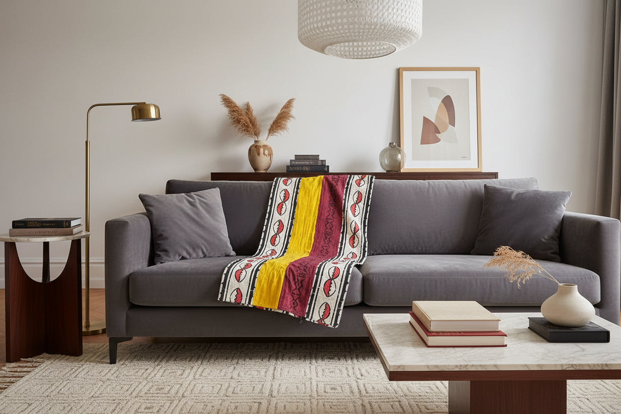 Handwoven Bògòlanfini mudcloth throw in yellow, burgundy, terracotta, cream and black — Bolgatanga, Ghana
