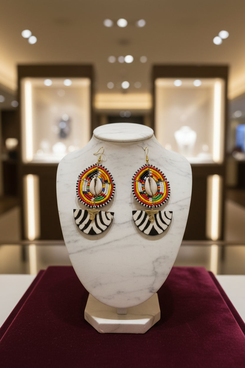 Cowrie Shell Zebra Beaded Earrings