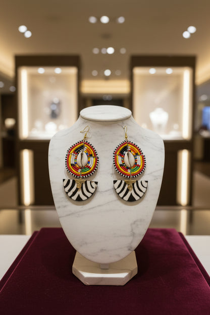 Cowrie Shell Zebra Beaded Earrings