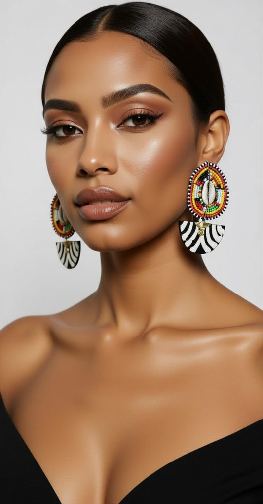 Cowrie Shell Zebra Beaded Earrings