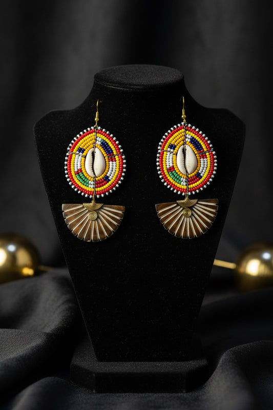 Handcrafted Beaded Cowrie Dangle Earrings from Ghana