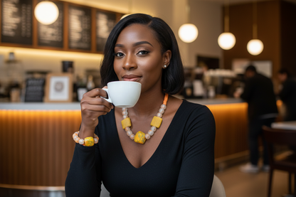 Close-up of woman wearing Golden Earth jewelry set in coffee shop