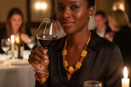 Close-up of woman wearing jewellery set in restaurant