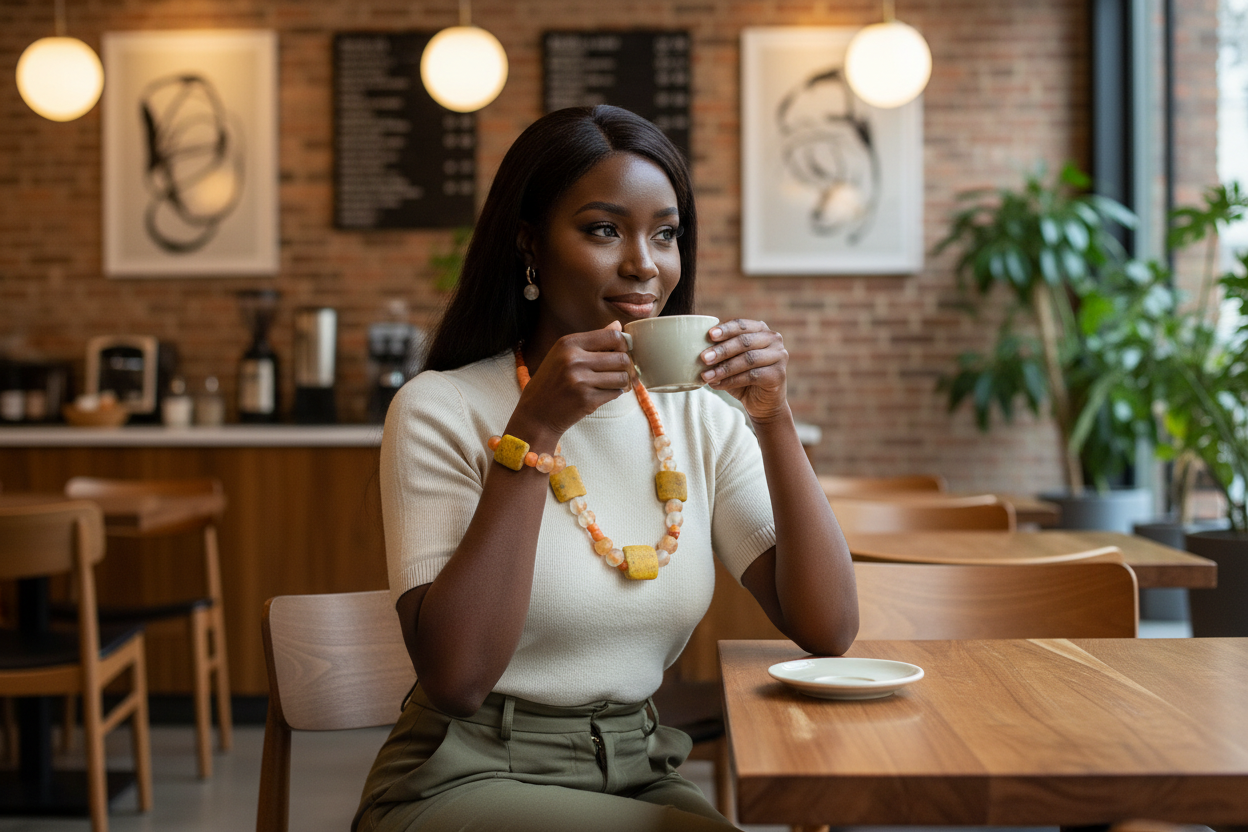 Dark-skinned woman wearing Golden Earth jewelry set in high-end coffee shop