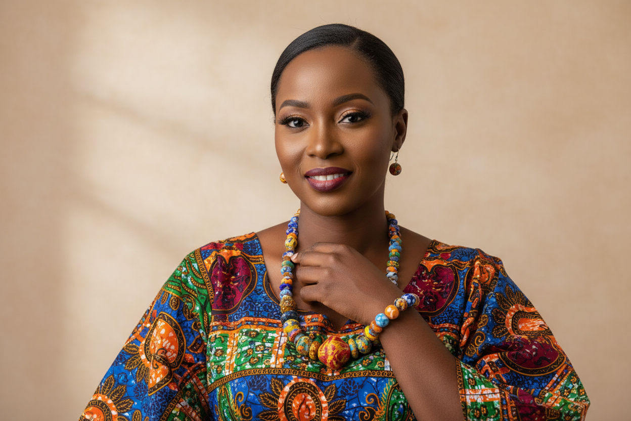 Light-skinned Black woman wearing Accra Sunset Krobo jewelry set with African attire