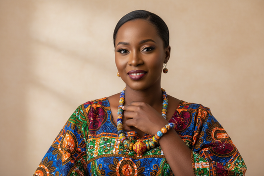 Light-skinned Black woman wearing Accra Sunset Krobo jewelry set with African attire